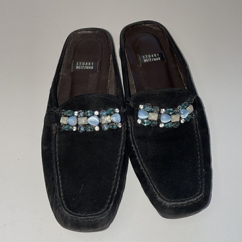 Stuart Weitzman Mule‎ Loafers Womens 5 Black Suede Good Crystal Embellished C12W